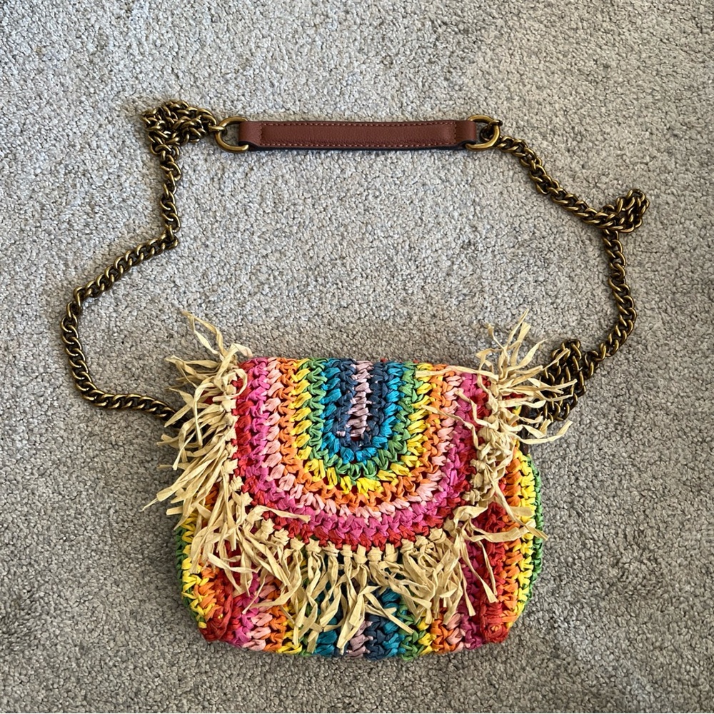 Kurt Geiger London Rainbow Raffia Mini Kensington Crossbody Bag Chain Fringe